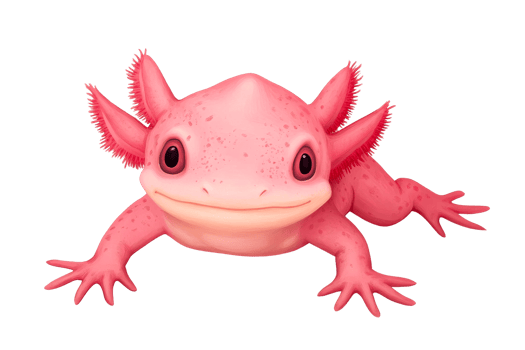 Pink Axolotl amphibian with gills, smiling expression, cute creature, cut out transparent png