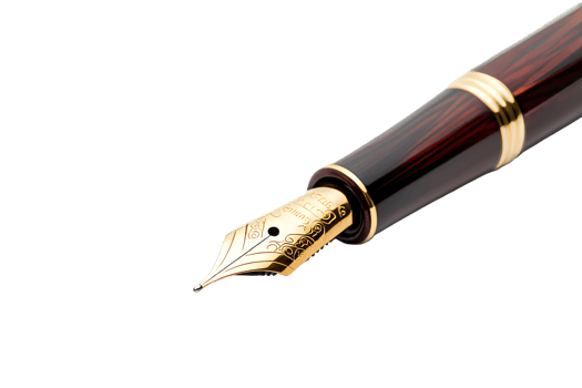 Golden fountain pen with ornaments, stationery object, cut out transparent png