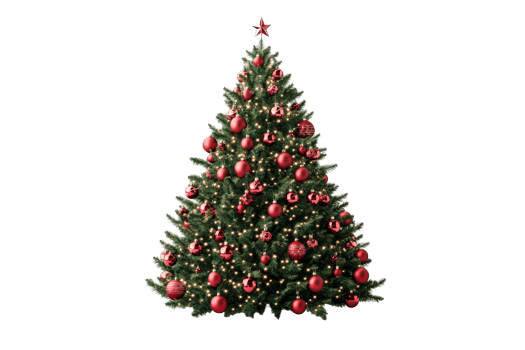 Christmas tree decorated with red balls, cut out transparent png