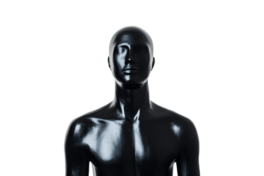Glossy black faceless mannequin torso casting shadows, cut out transparent png
