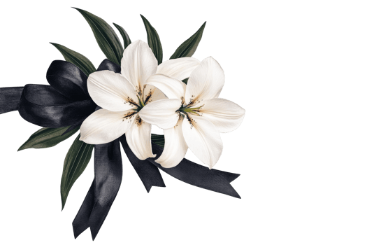 White lilies and black ribbon bouquet, funeral symbol, cut out transparent png