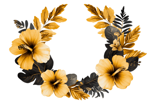 Golden hibiscus flower and leaves wreath botanical decoration, cut out transparent png