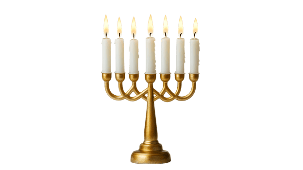 Golden menorah and eight candles lit in bright light, cut out transparent png