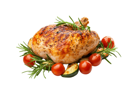 Grilled chicken with tomatoes and rosemary, gourmet food, cut out transparent png