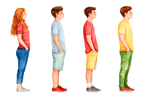 Standing in a row teenagers in colored clothes on a black background, cut out transparent png