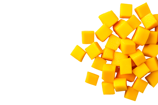 Pile of juicy yellow mango cubes, freshness, background, cut out transparent png