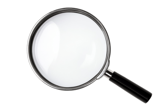 Magnifying glass with black handle on dark background, close up, cut out transparent png