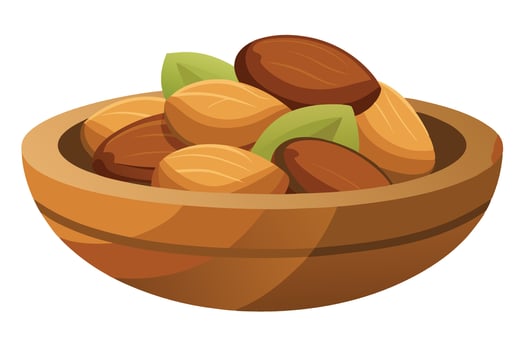 Cartoon illustration of almonds in a wooden bowl. vector