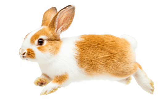 Adorable ginger white rabbit running, isolated, pet portrait, fluffy, cut out transparent png