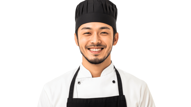 Smiling Asian Chef in Uniform Looking at Camera, cut out transparent png