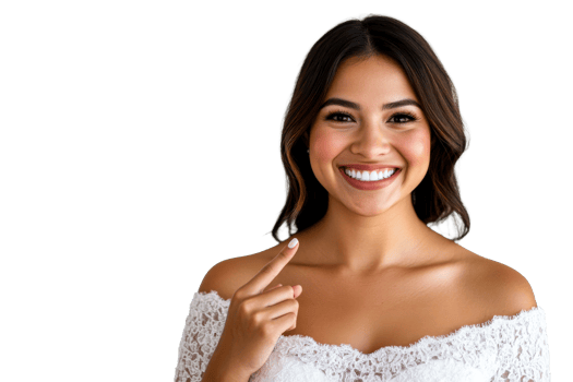 Smiling woman wearing off-shoulder wedding dress, cut out transparent png