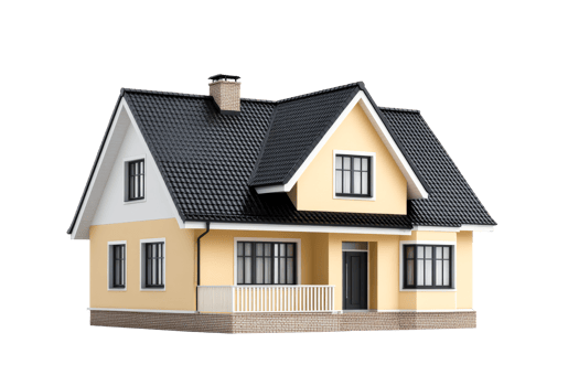 Yellow residential house with black roof, modern architecture, cut out transparent png
