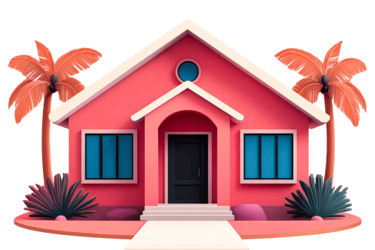 Tropical house cartoon render with palm trees, cut out transparent png