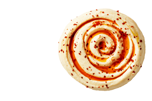 Swirled hummus topped with chili flakes and oil, cut out transparent png