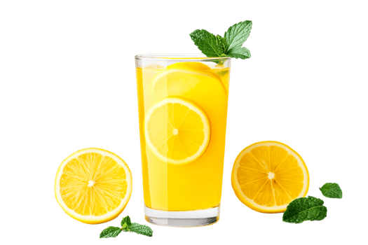 Refreshing lemonade with lemon slices and mint leaves, cut out transparent png