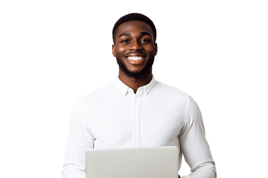 Smiling handsome man working on laptop, cut out transparent png