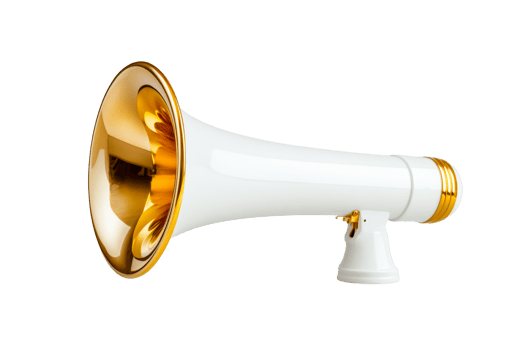 Loudhailer isolated, white megaphone with golden rim, cut out transparent png