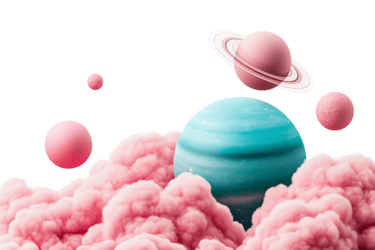 Pink and blue planets with clouds isolated on black background, cut out transparent png