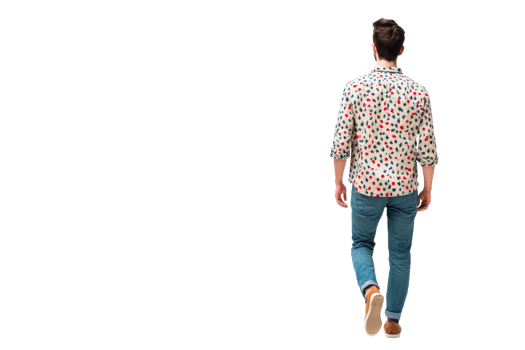 Stylish man walks forward. Casual elegance, back view, isolated, cut out transparent png