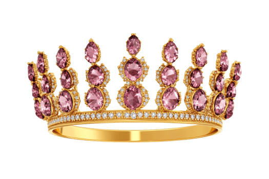 Gold crown with pink jewels, luxury headwear, royalty accessory, cut out transparent png
