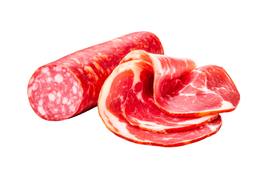 Salami stick with sliced meat assortment, appetizing presentation, cut out transparent png