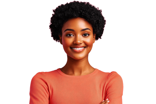Smiling Black Woman Portrait with Pink Highlights and Orange Top, cut out transparent png