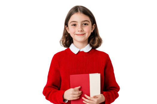 Schoolgirl with book, wearing red sweater, white collar, cut out transparent png