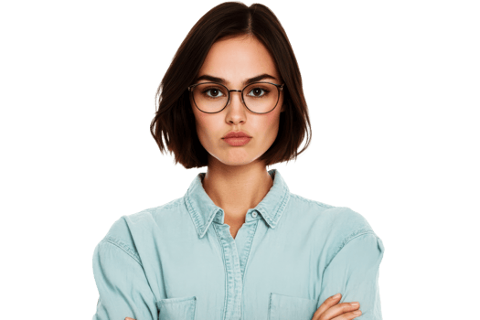 Serious woman with folded arms in turquoise shirt, cut out transparent png