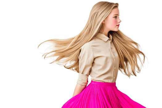 Girl with flowing blonde hair and pink skirt poses, cut out transparent png