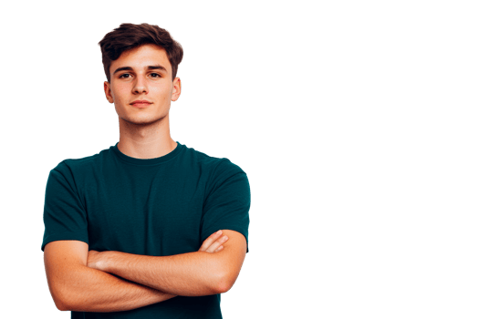 Young man portrait in green t-shirt, arms crossed, confident look, cut out transparent png