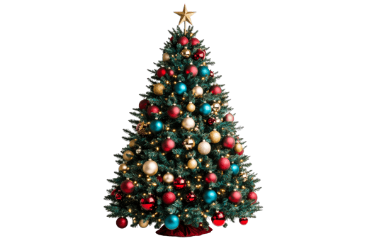 Christmas tree with gold star and red, gold, blue ornaments, cut out transparent png
