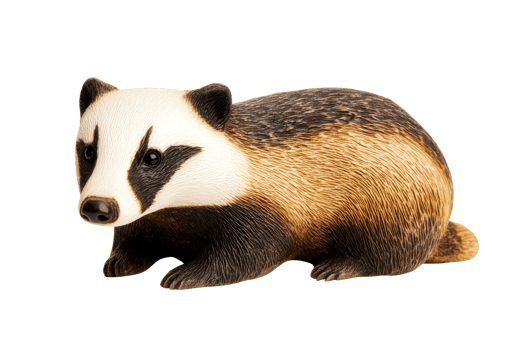 Badger figurine with realistic details on a black background, cut out transparent png