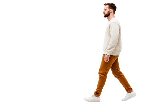 Man in casual clothes walking, side view portrait, cut out transparent png