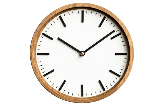 Modern clock with wood frame and white face, cut out transparent png