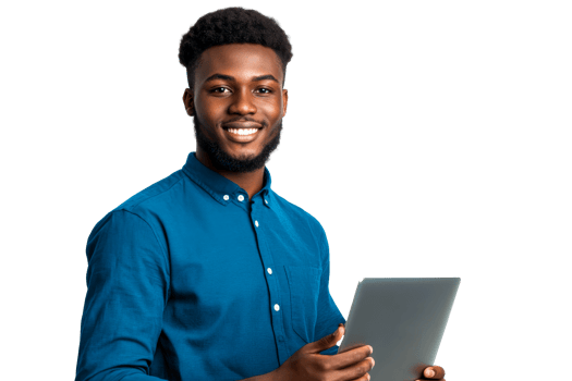 Smiling man with tablet in hand in studio, cut out transparent png