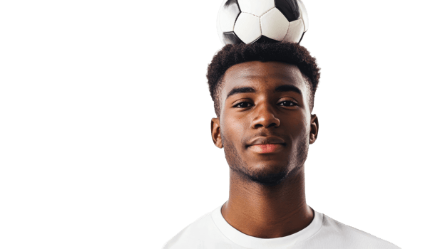 African man balances a ball on his head in a playful challenge, cut out transparent png
