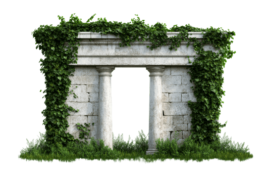 Ancient stone archway covered in ivy, gate, ruin, cut out transparent png
