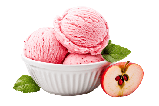 Pink scoops of ice cream with apple in bowl, cut out transparent png