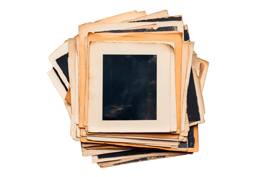 Stack of old paper sheets with black square , cut out transparent png