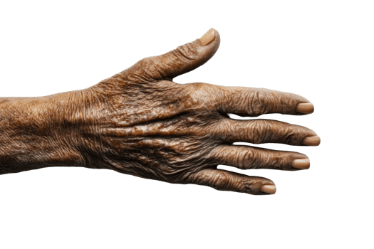 Old hand showing wrinkles and rough skin texture, cut out transparent png