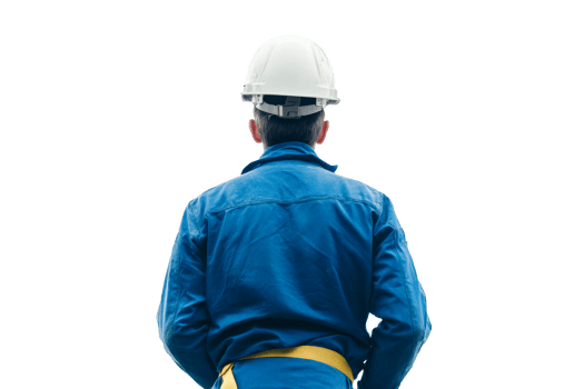 Construction worker from behind wearing helmet, cut out transparent png