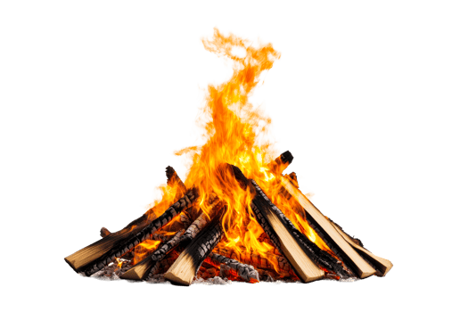 Intense bonfire of wood logs burning with fiery flames, cut out transparent png