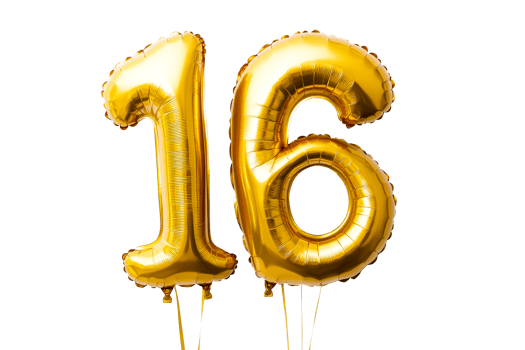 Golden Balloons Number 16 for Birthday Celebration, cut out transparent png