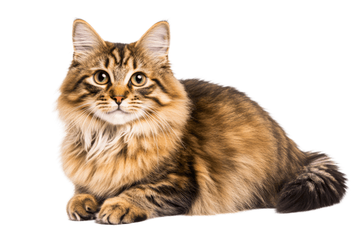 Beautiful fluffy brown tabby cat lying down indoors, cut out transparent png