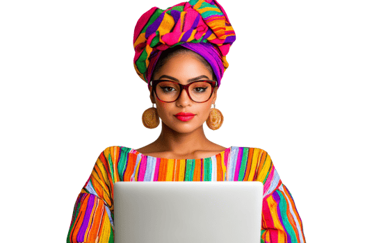 Woman with laptop, colorful clothing and headwear, cut out transparent png