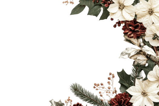 Christmas wreath with poinsettias and pine cones, festive decor, cut out transparent png