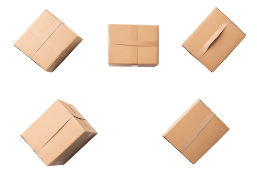 Brown shipping boxes in different angles on black background, cut out transparent png