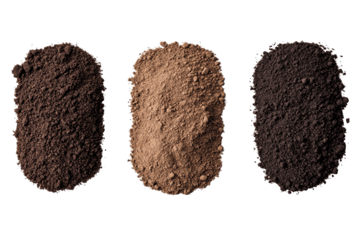 Three piles of soil in different colors, cut out transparent png