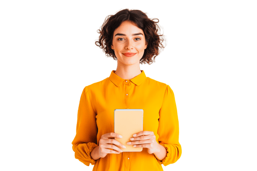 Woman in yellow shirt holding tablet and smiling, cut out transparent png
