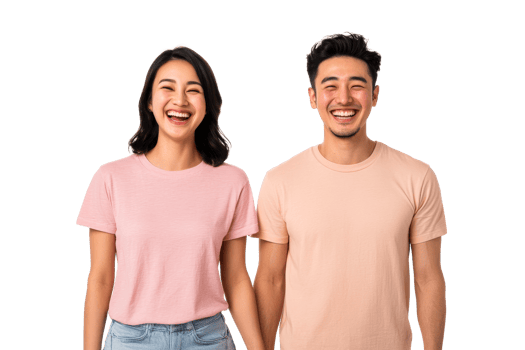 Asian couple, holding hands, laugh together, isolated, cut out transparent png